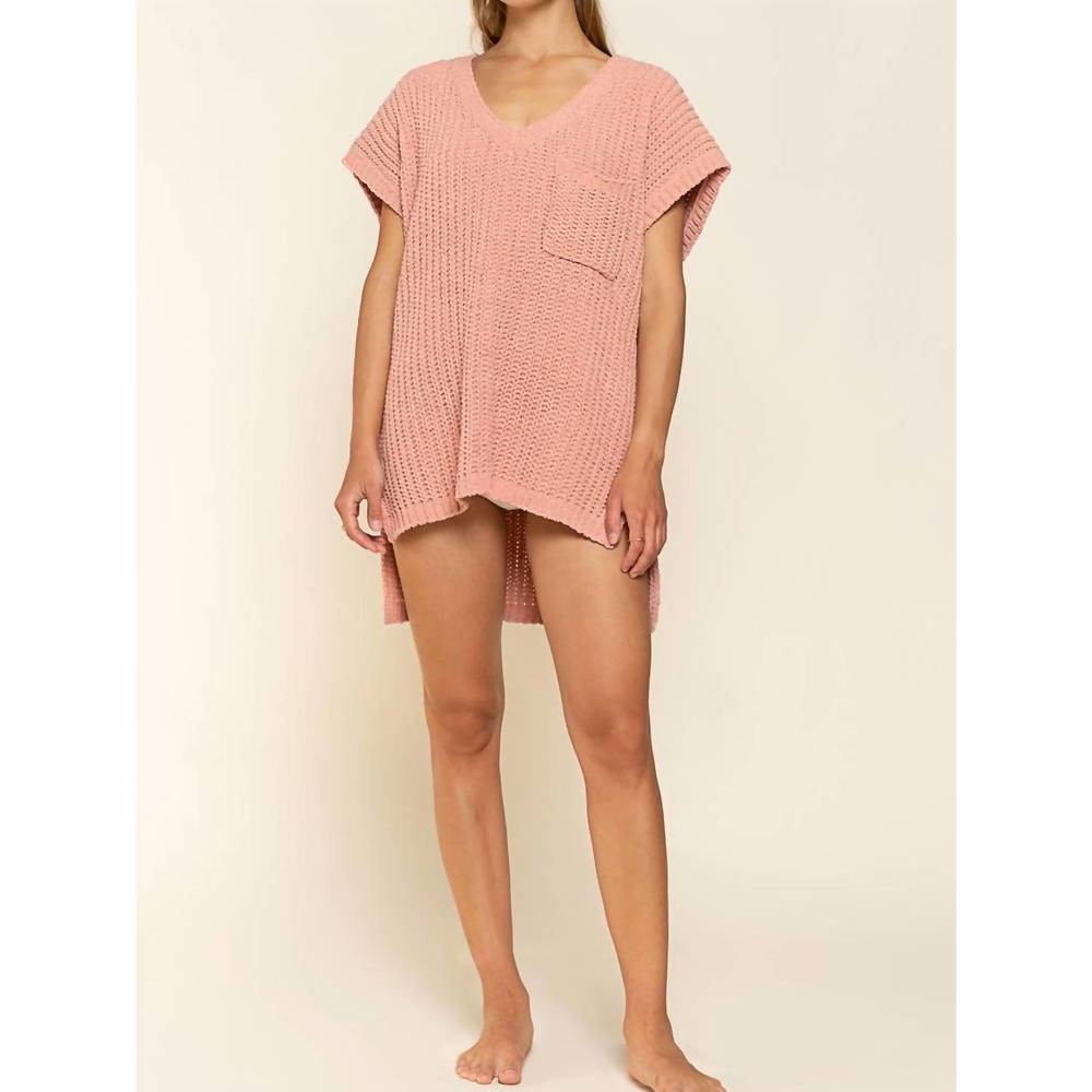 NEW POL high-low short sleeve chenille sweater in salmon pink